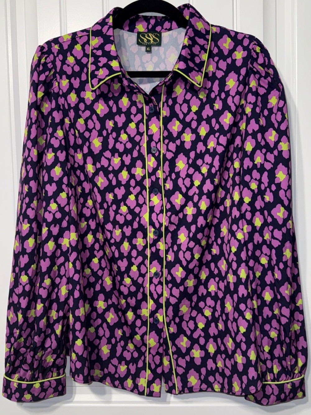 SSYS The Label XL Leopard Print Button Front Blouse Puff Sleeve Neon Trim Top